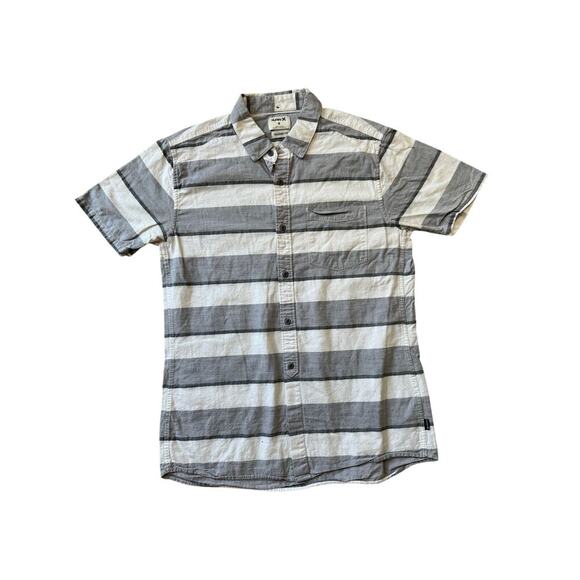HURLEY Short Sleeve shirt, size Medium, Tailored Fit, Gray & white striped - Picture 1 of 9